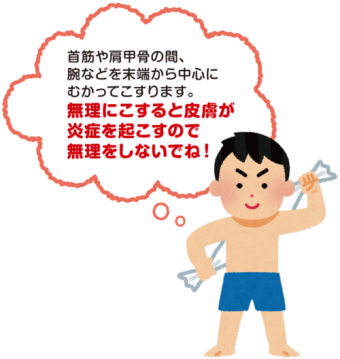 首筋や肩甲骨の間、腕などを末端から中心にむかってこすります。無理にこすると皮膚が炎症を起こすので無理をしないでね！