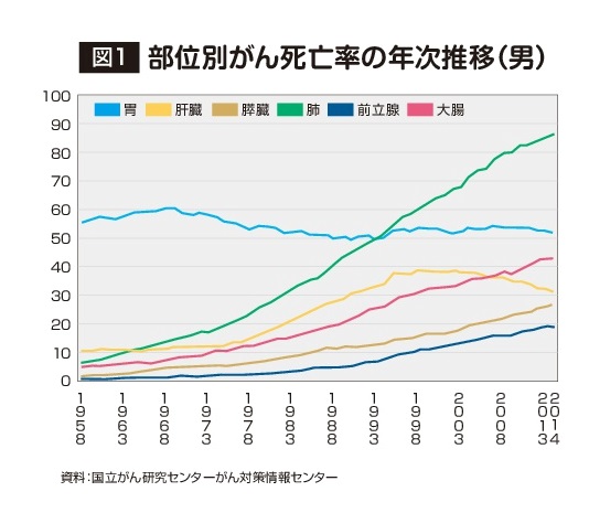 部位別がん死亡率の年次推移（男）