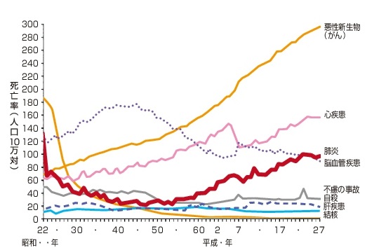 主な死因別にみた死亡率(人口10万対)の年次推移 主な死因別にみた死亡率(人口10万対)の年次推移