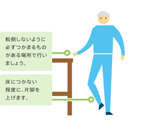 転倒しないように、必ずつかまるものがある場所で行ないましょう。床につかない程度に片脚を上げます。